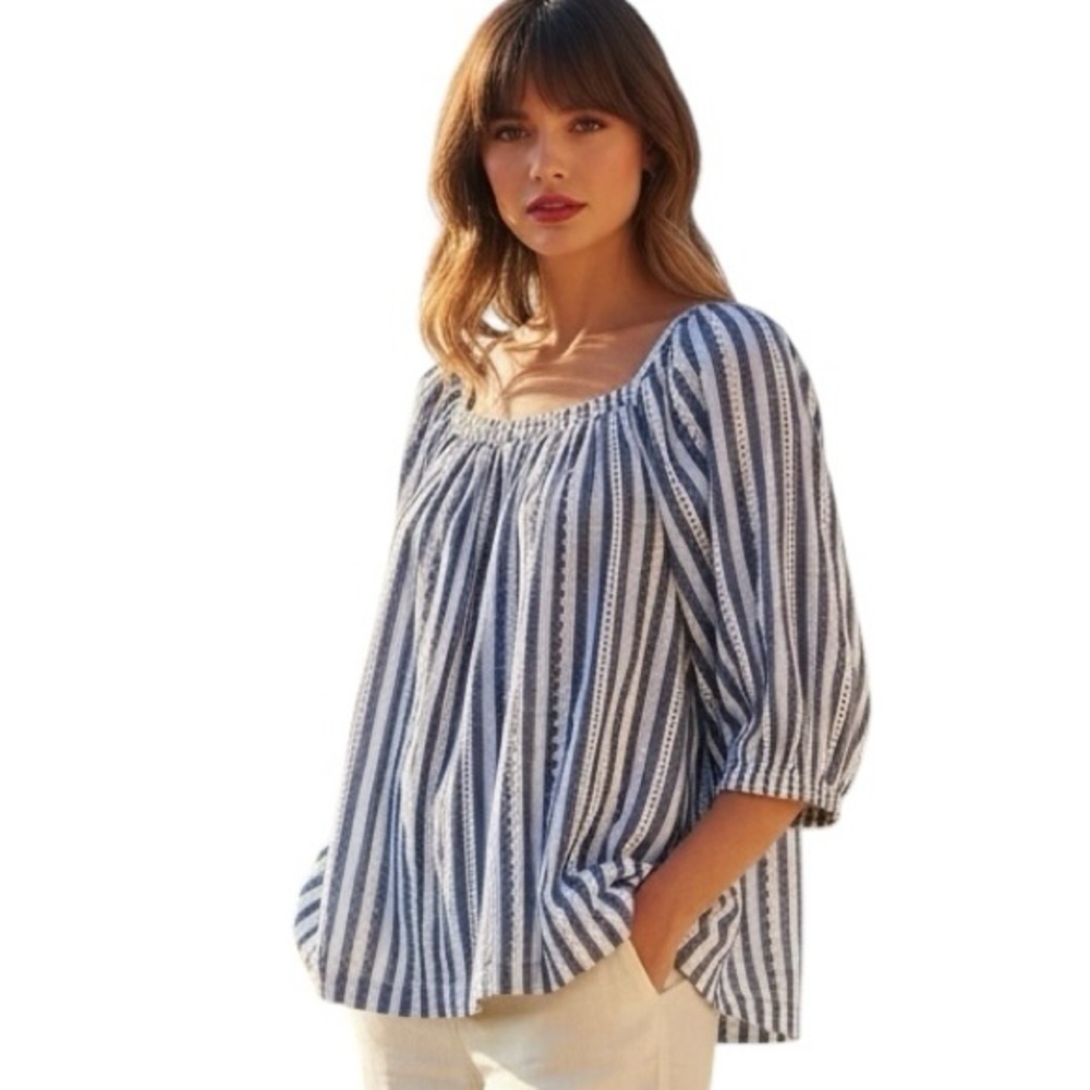 NWT Cafe Marrakesh Blue White Stripe Eyelet Elbow Length Square Neck Shirt Boho